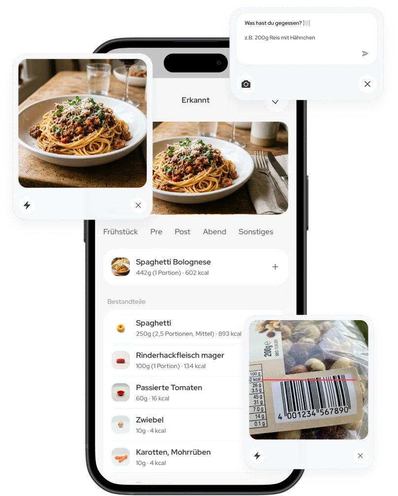 Screenshot KI-Erkennung: Foto einer Spaghetti Bolognese mit erkannten Zutaten, Texteingabe und Barcode-Scanner